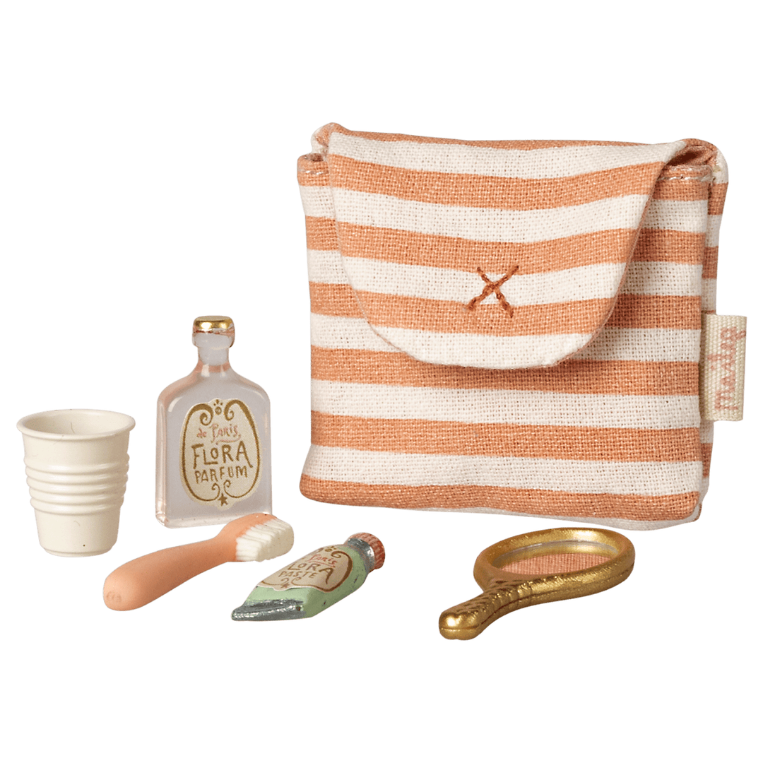 Tooth brush set in bag, Mouse - Coral stripe Dollhouses and Access. Maileg