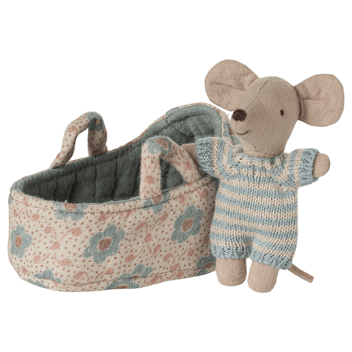 Maileg Baby Mouse in Carry Cot - Blue Mice Maileg