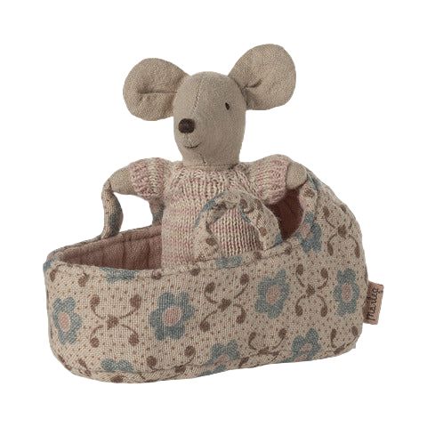 Maileg Baby Mouse in Carry Cot - Rose Mice Maileg