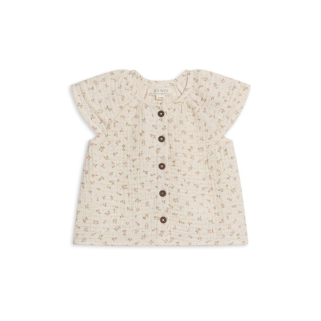 Colored Organics Nelly Muslin Ruffle Sleeve Top - Camellia Floral / Shell + Fern Tops & Bottoms Colored Organics 6-12M