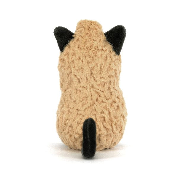 A plush cat toy shown from the back, featuring a textured beige body with black ears and a black tail, set against a plain white background.