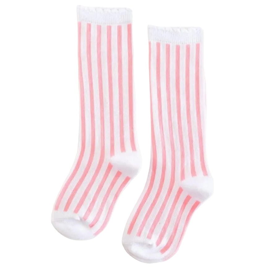 Little Stocking Co.- White/Blossom Striped Scalloped Knee High Socks kids socks Little Stocking Co.