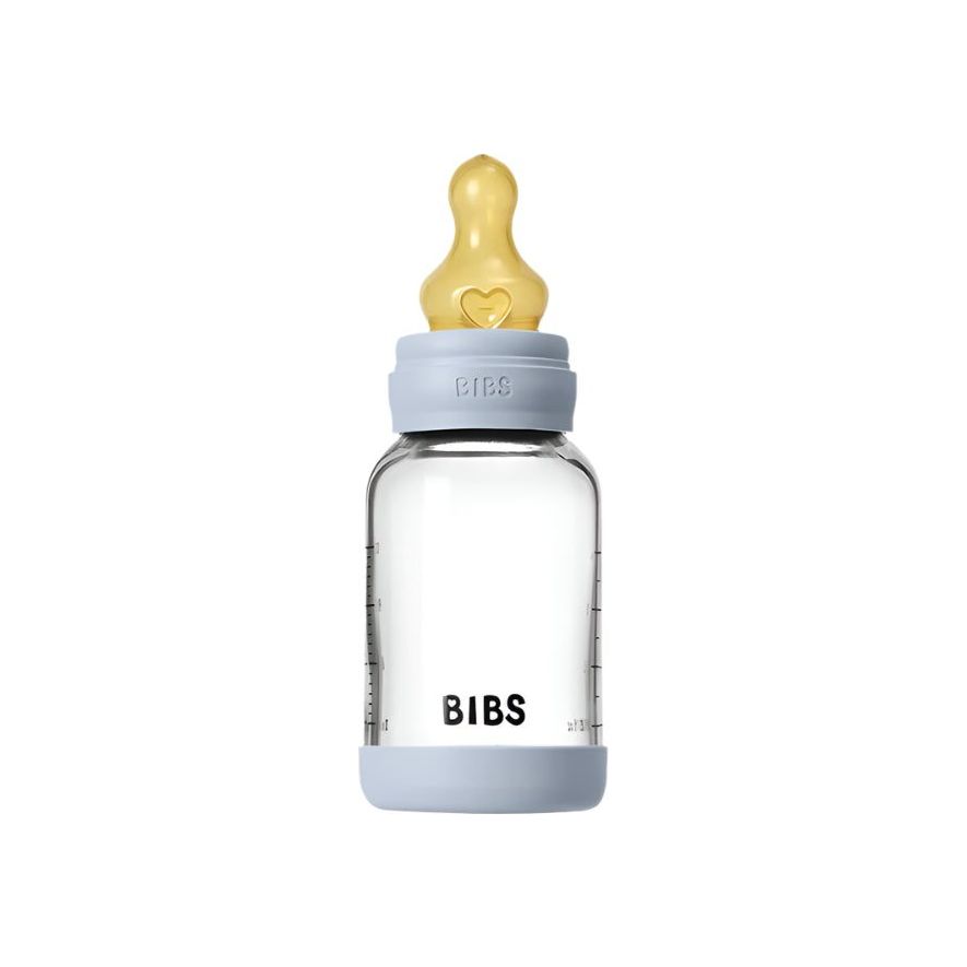 BIBS Baby 4oz Latex Glass Bottle with Bumper Bottles &amp; Sippies BIBS USA Baby Blue