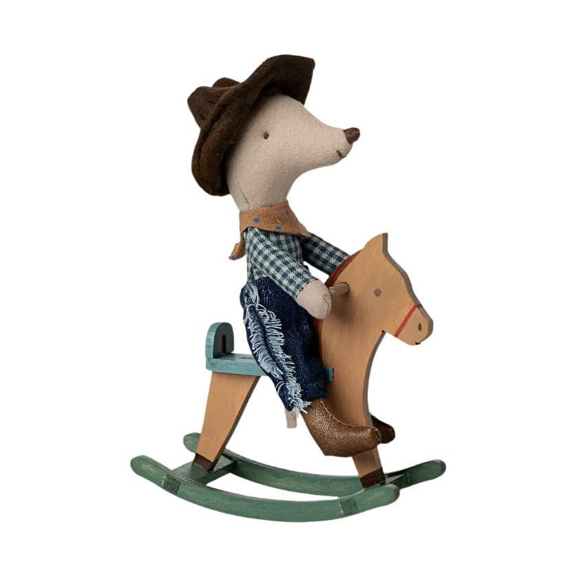 Maileg Cowboy mouse on rocking horse, Little brother Mice Maileg