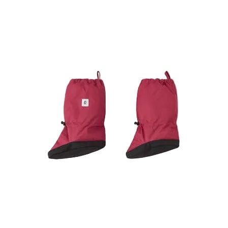 A pair of red snow pants with black soles, shown flat against a light gray background.