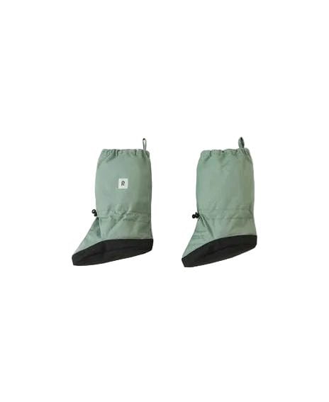 A pair of sage green boot covers with black foot covers, shown flat on a light gray background.