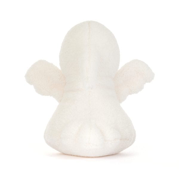 A white plush ghost toy with soft wings and a fluffy texture, photographed from the back against a clean white background.