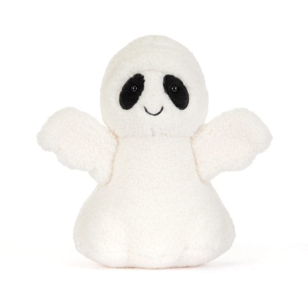 A small white plush ghost toy with black embroidered eyes and a simple stitched smile, centered on a clean white background.