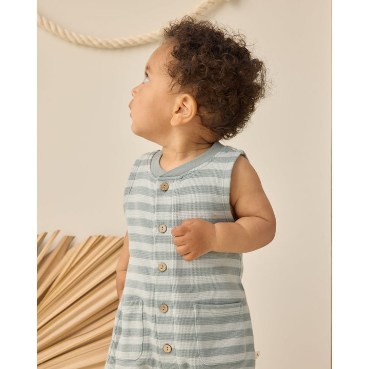 Rylee + Cru Summer Waffle Jumpsuit - Sea Green Stripe Jumpsuit Rylee + Cru