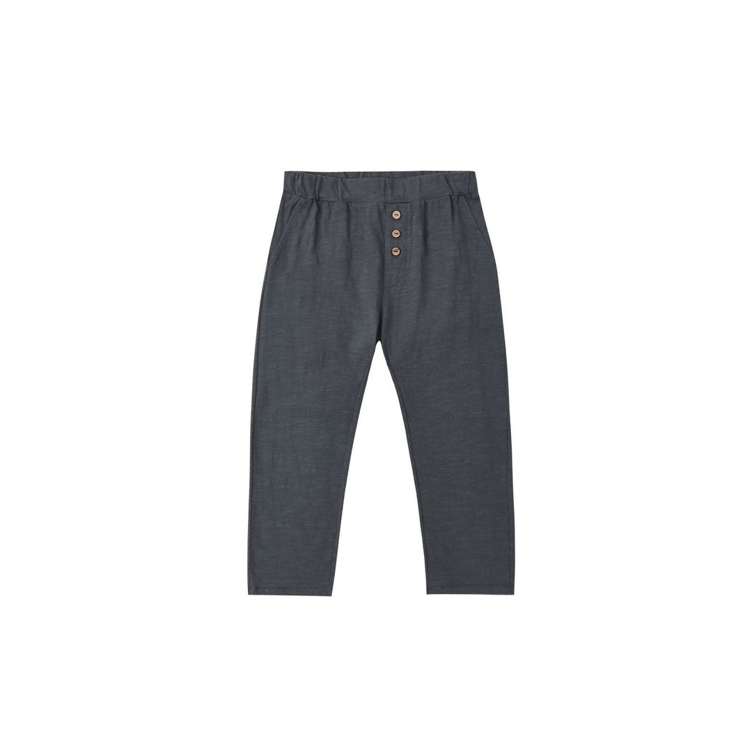 A pair of dark navy cropped trousers with a buttoned waistband, displayed flat against a solid white background.
