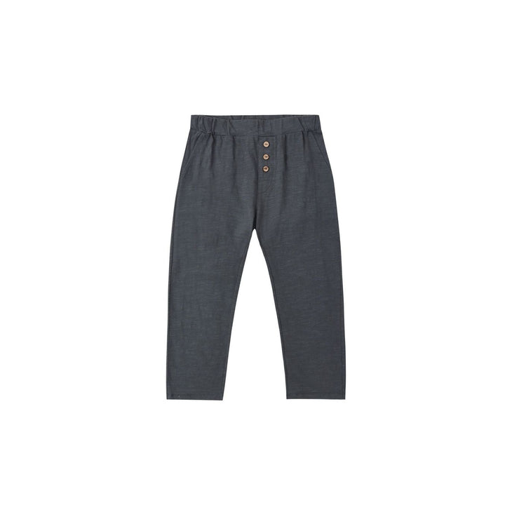 A pair of dark navy cropped trousers with a buttoned waistband, displayed flat against a solid white background.