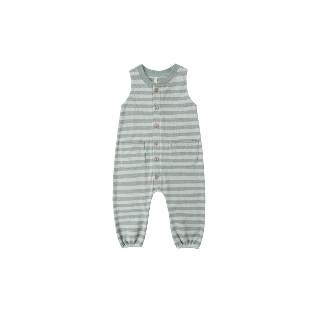 Rylee + Cru Summer Waffle Jumpsuit - Sea Green Stripe Jumpsuit Rylee + Cru