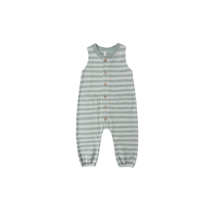 Rylee + Cru Summer Waffle Jumpsuit - Sea Green Stripe Jumpsuit Rylee + Cru