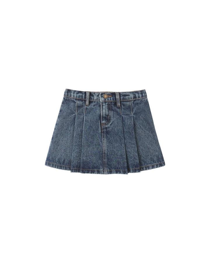 Rylee + Cru Pleated Denim Skirt Indigo