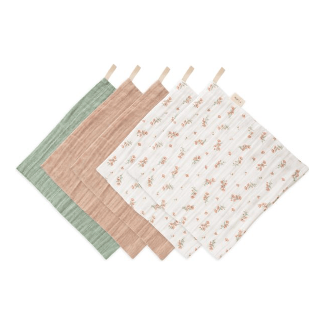 Mushie Muslin Cotton Washcloth- 5 Pack Bath Time Mushie Pink Flowers