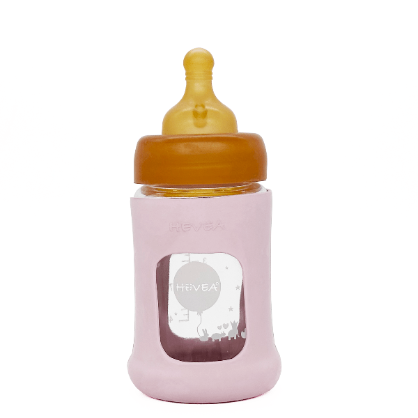Hevea Wide Neck Baby Glass Bottle with Sleeve- 150ML/5OZ, single Glass Bottle Hevea Powder Pink