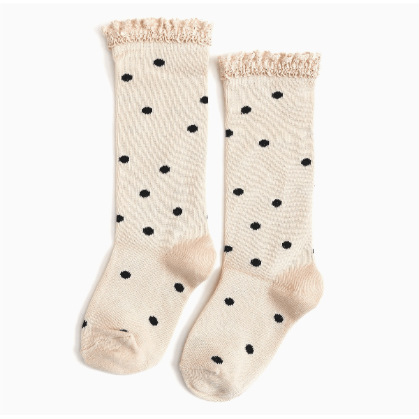 Little Stocking Co.- Lace Top Knee High Socks-Vanilla Dot kids socks Little Stocking Co. 0-6 Months
