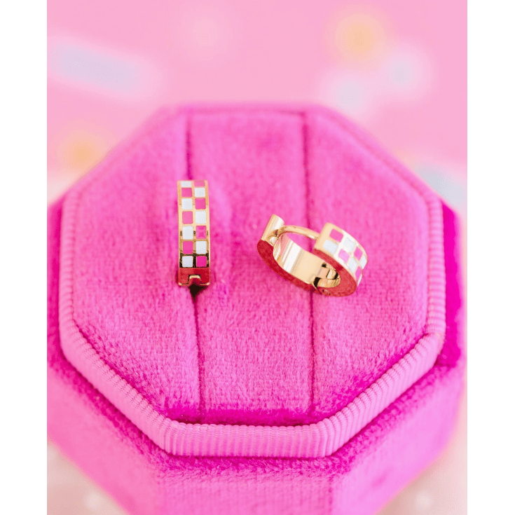 Pierced Co Checkered Huggies- Hot Pink Earrings Pierced Co