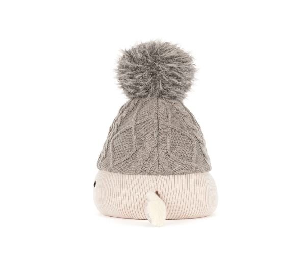 A knit pom-pom beanie hat in taupe gray and cream, featuring a cable-knit top section, a ribbed knit lower section, and a fluffy gray pom-pom on top, photographed on a solid white background.