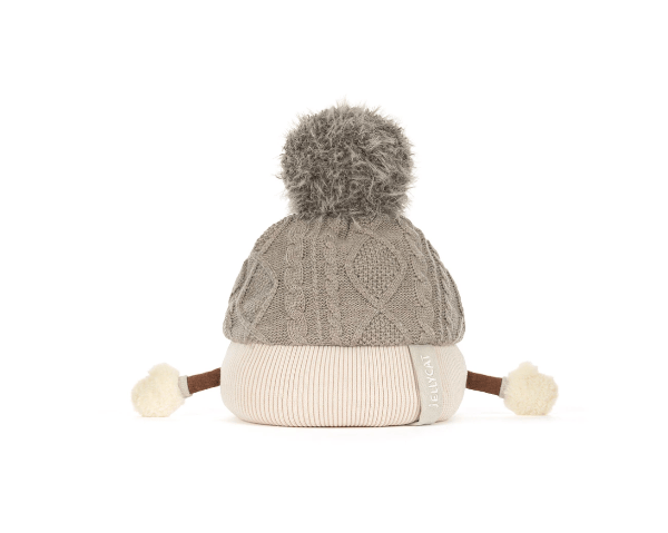 A baby knit pom-pom hat by Jodie, featuring a textured taupe cable-knit top, a cream ribbed brim, and brown leather ear loops with cream pom-poms.
