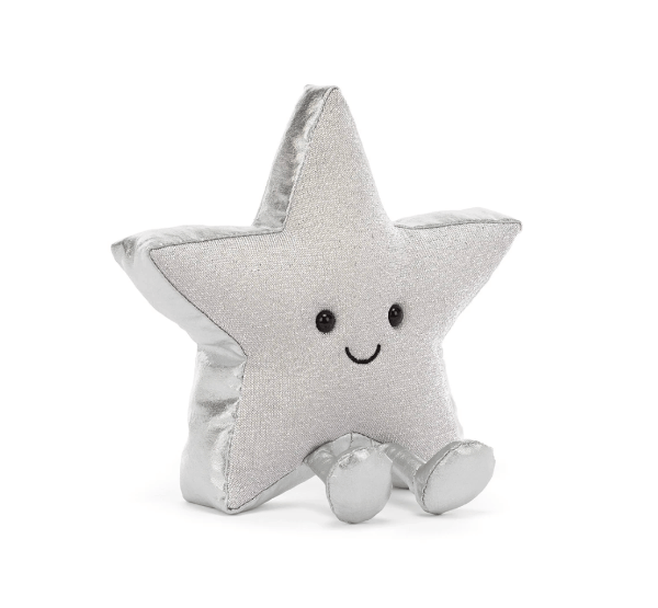 A silver glittery star-shaped plush toy with a cute embroidered smiley face and small feet, sitting on a white background.