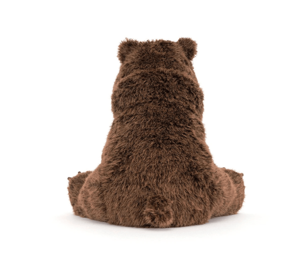 A brown plush teddy bear sitting with its back to the camera, photographed on a clean white background.