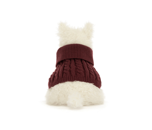 A small white dog viewed from behind wearing a burgundy cable-knit pet sweater, isolated on a white background.