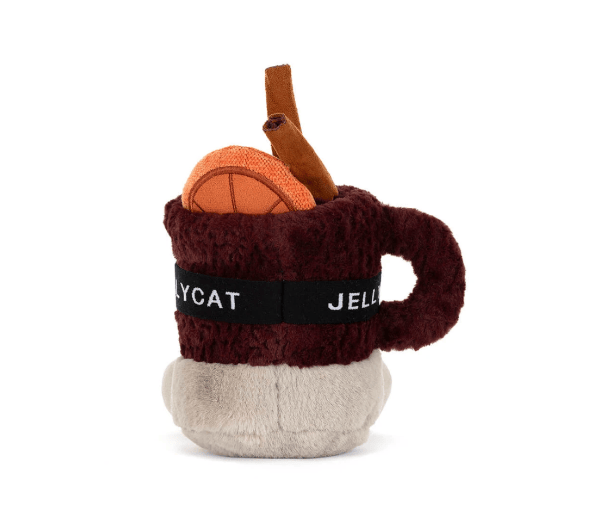 A plush novelty mug toy shaped like a coffee mug, with a dark burgundy fuzzy body, a black band printed with the words &