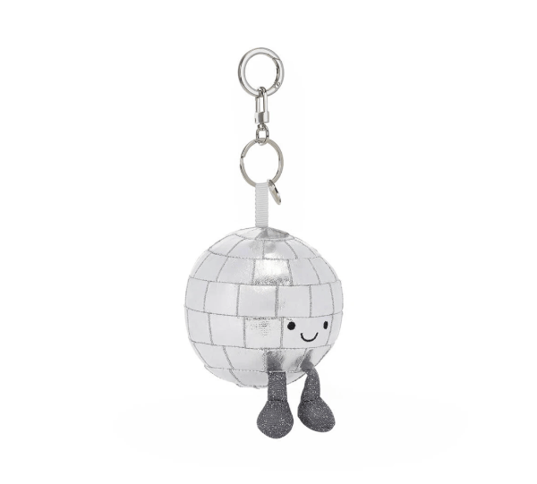 A silver disco ball keychain charm with a cute smiling face and small glittery gray legs, attached to a silver metal clasp on a plain white background.
