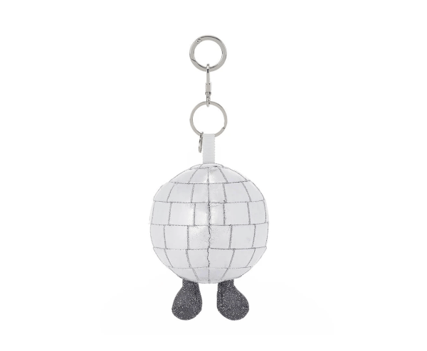 A silver disco ball keychain charm with black glittery feet, attached to a silver metal key ring and split ring on a white background.