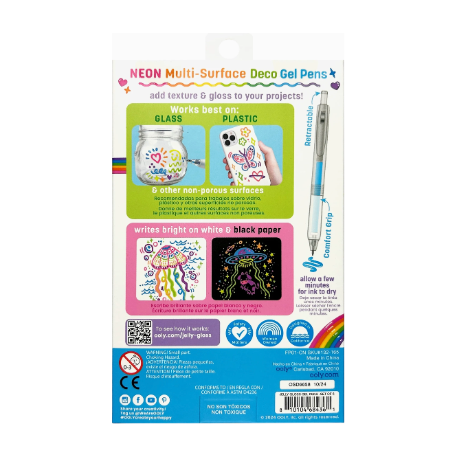 Ooly Jelly Gloss Neon Multi-Surface Deco Gel Pens - Set of 6 Pens Ooly
