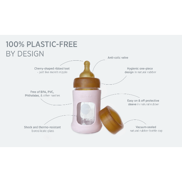 Hevea Wide Neck Baby Glass Bottle with Sleeve- 250ml/8.5oz, single Glass Bottle Hevea