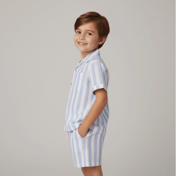 Makemake Organics- Shirt &amp; Short Set- Blue Stripe Tops &amp; Bottoms Makemake Organics