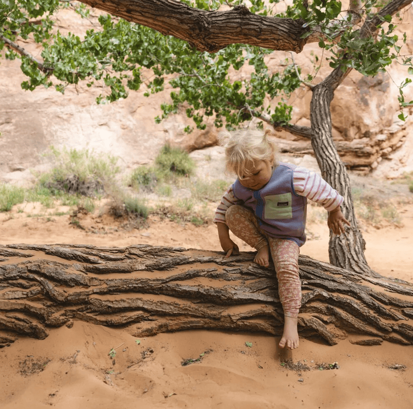 A toddler wearing a purple and pink striped outfit with patterned leggings sits on a large fallen log in a sandy outdoor desert setting with a tree and rock formations in the background.