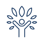 Icon of a hand reaching towards a leafy figure, symbolizing connection or care.